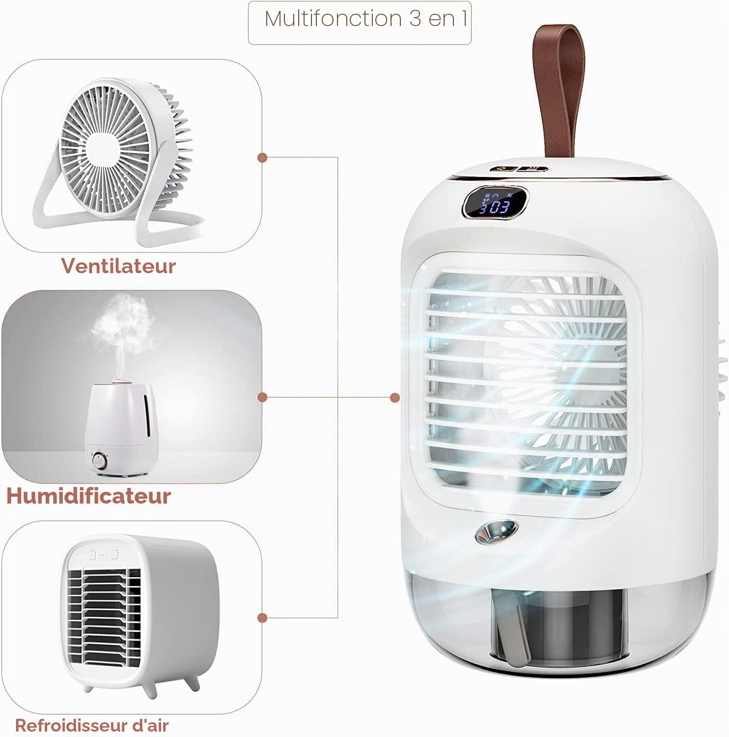 Climatiseur Mobile Rotatif, Mini Refroidisseur d'Air USB Multifonctionnel avec 3 Vitesses, Lumière de Nuit, Oscillation à 180°, Climatiseur Personnel Portable pour Chambre, Bureau