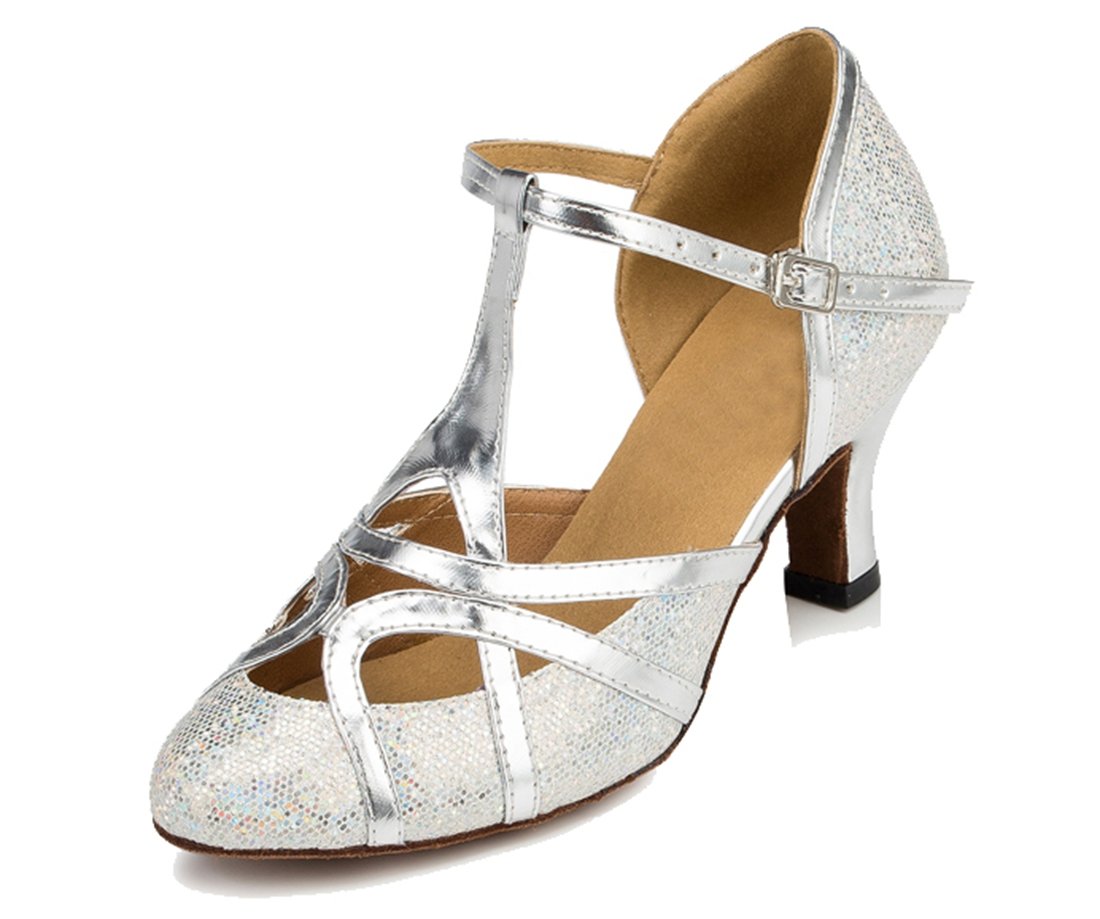TDA Womens T-Strap Glitter Silver Synthetic Salsa Tango Ballroom Latin Party Dance Shoes CM101 6.5 M US