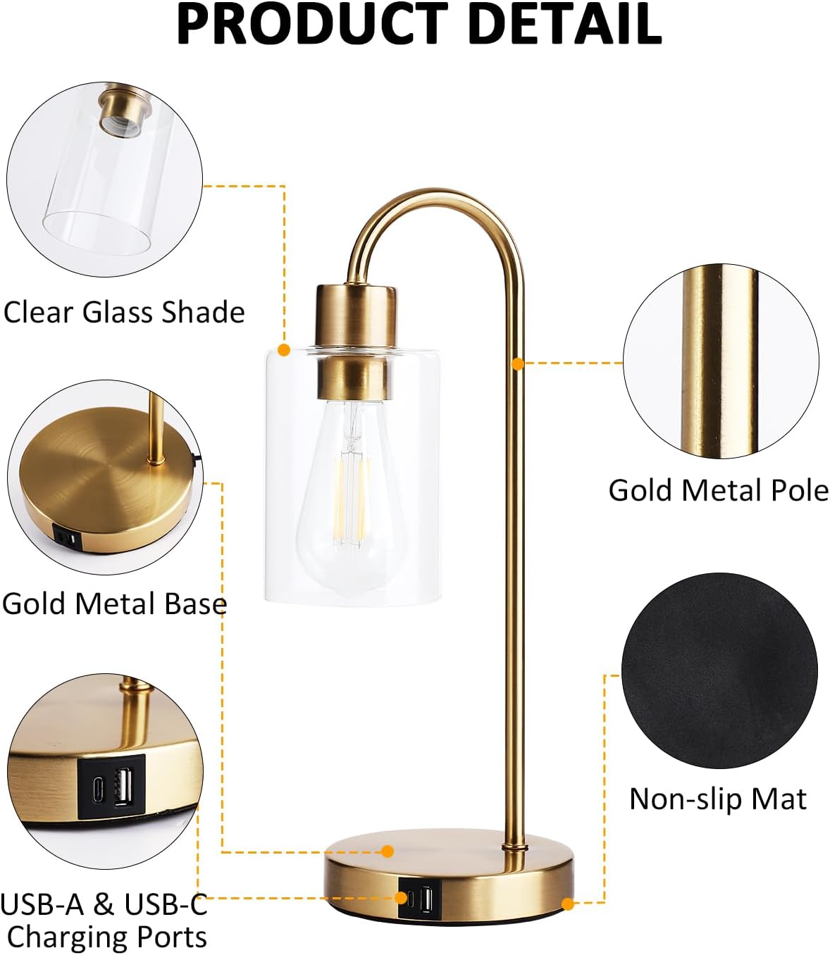 Bedside Lamps Set of 2, Gold Touch Table Lamp with USB C+A Ports, 3 Way Dimmable Bedroom Lamps with Glass Shade, Brass Nightstand Lamp for Bedroom Living Room, 2 LED Bulbs Included