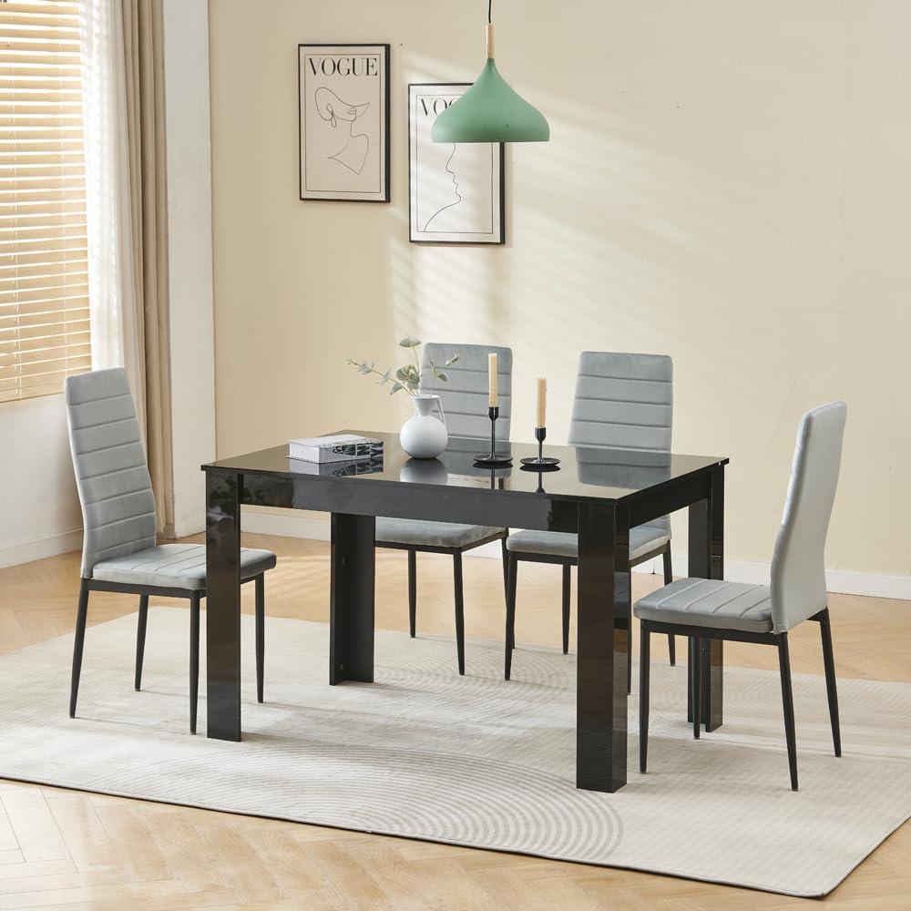 Menaka Wood Dining Table and Chairs Set of 4, Small Rectangular Kitchen Dinner Table with 4 Seaters (line grey velvet chairs, 120m high gloss black table, 4 seaters)