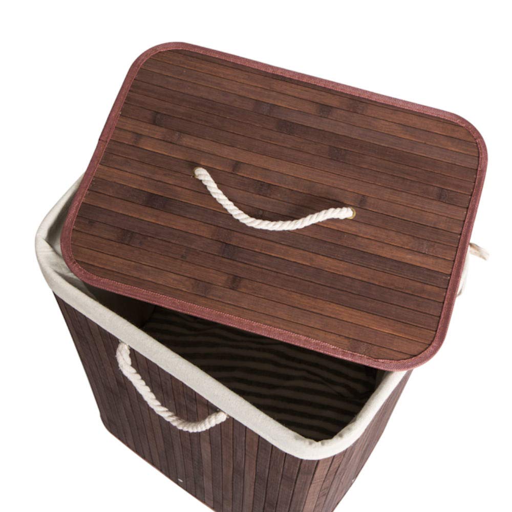 Decopatent® Grote Ronde Bamboe Wasmand Met Deksel - 80 L - Wasmand 1 Vak Met Stoffen Waszak Opvouwbaar Wassorteerder Rond