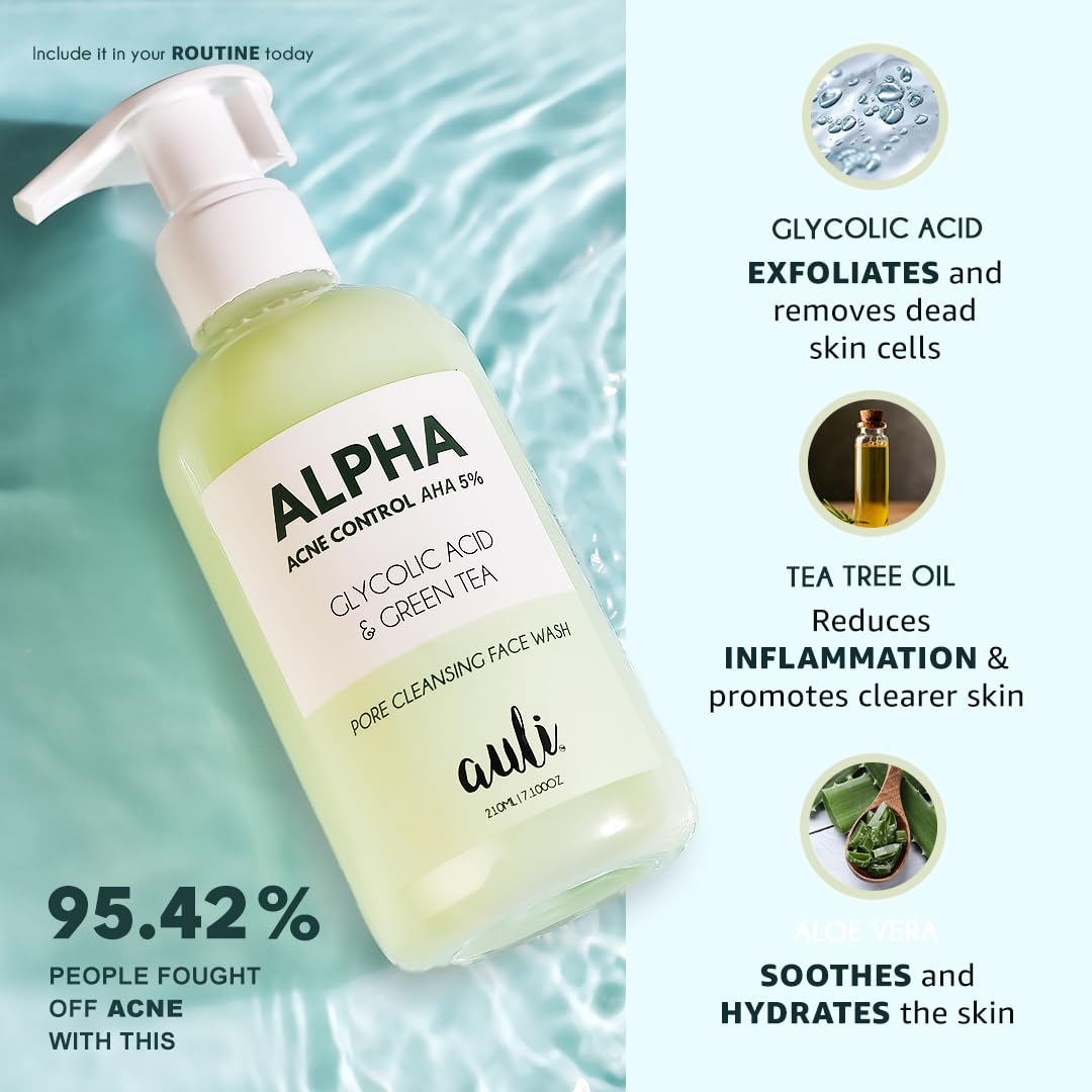 AULI LIFESTYLE Glycolic Acid 5% & Green Tea Pore Cleansing Face Wash | Reduce Acne & Breakouts, Ph Balance, Sweat & Excess Oil Control | All Skin Types | For Men & Women | Ayurvedic | Alpha - 210Ml 4 61GbOSeC1BL. SL1080