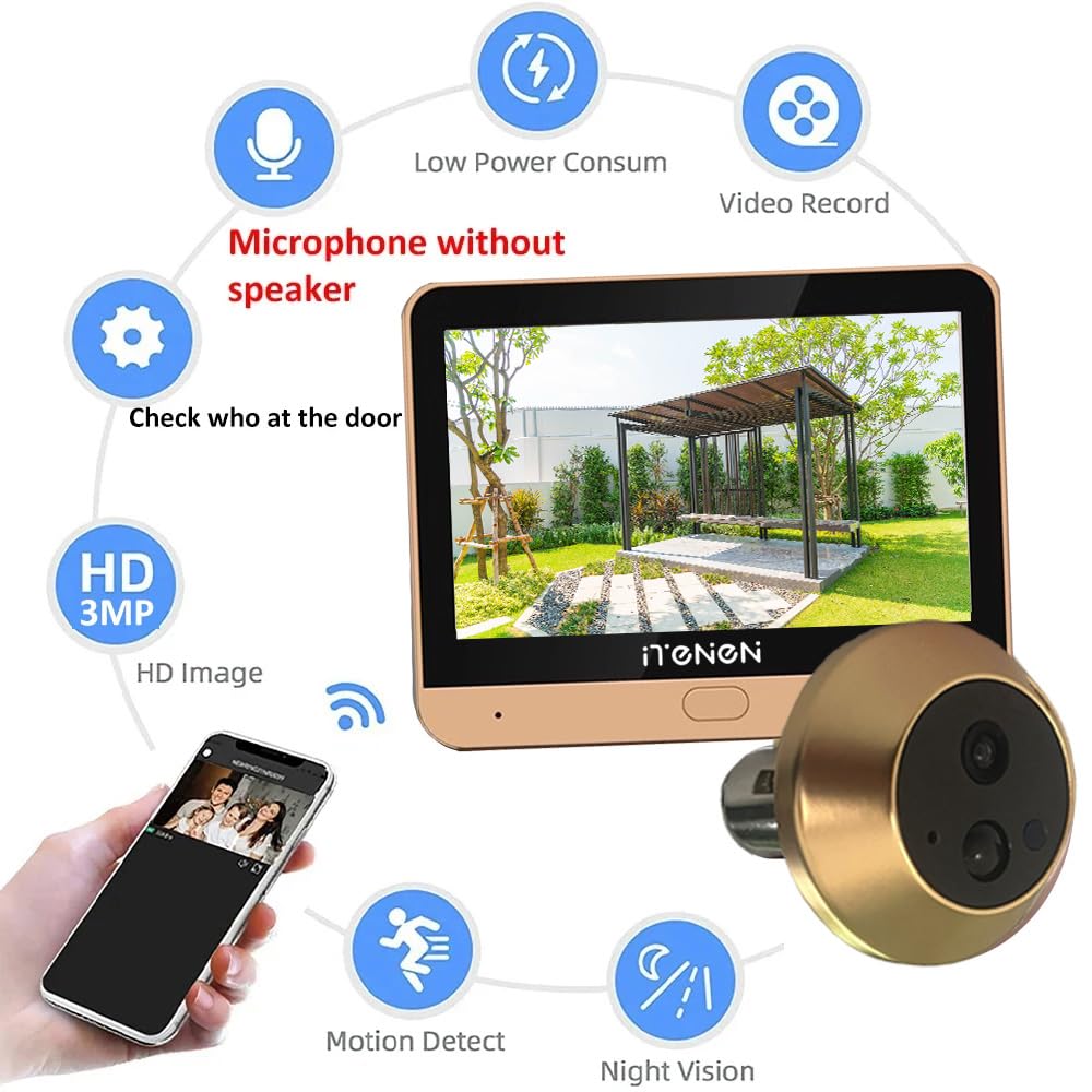PDG1 3.0MP Cyfrowy wizjer do drzwi z 32 GB Microsd,Bezprzewodowy ekran wideo 4.3 Cal, Uchwyt aparatu,2,4 Ghz Wi-Fi,Pojedynczy zmysł Audio,Wykrywanie ruchu