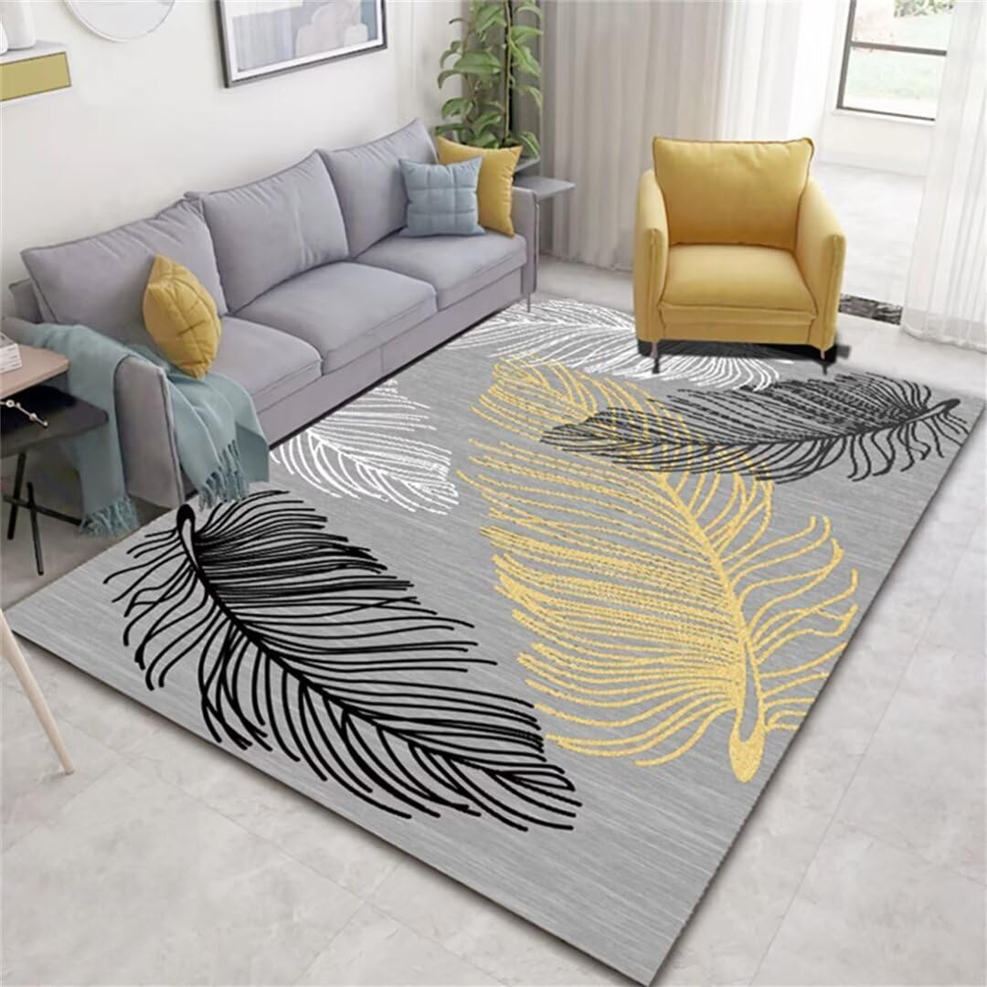 Tapis lavable gris 200x300 cm salon à motif plumes