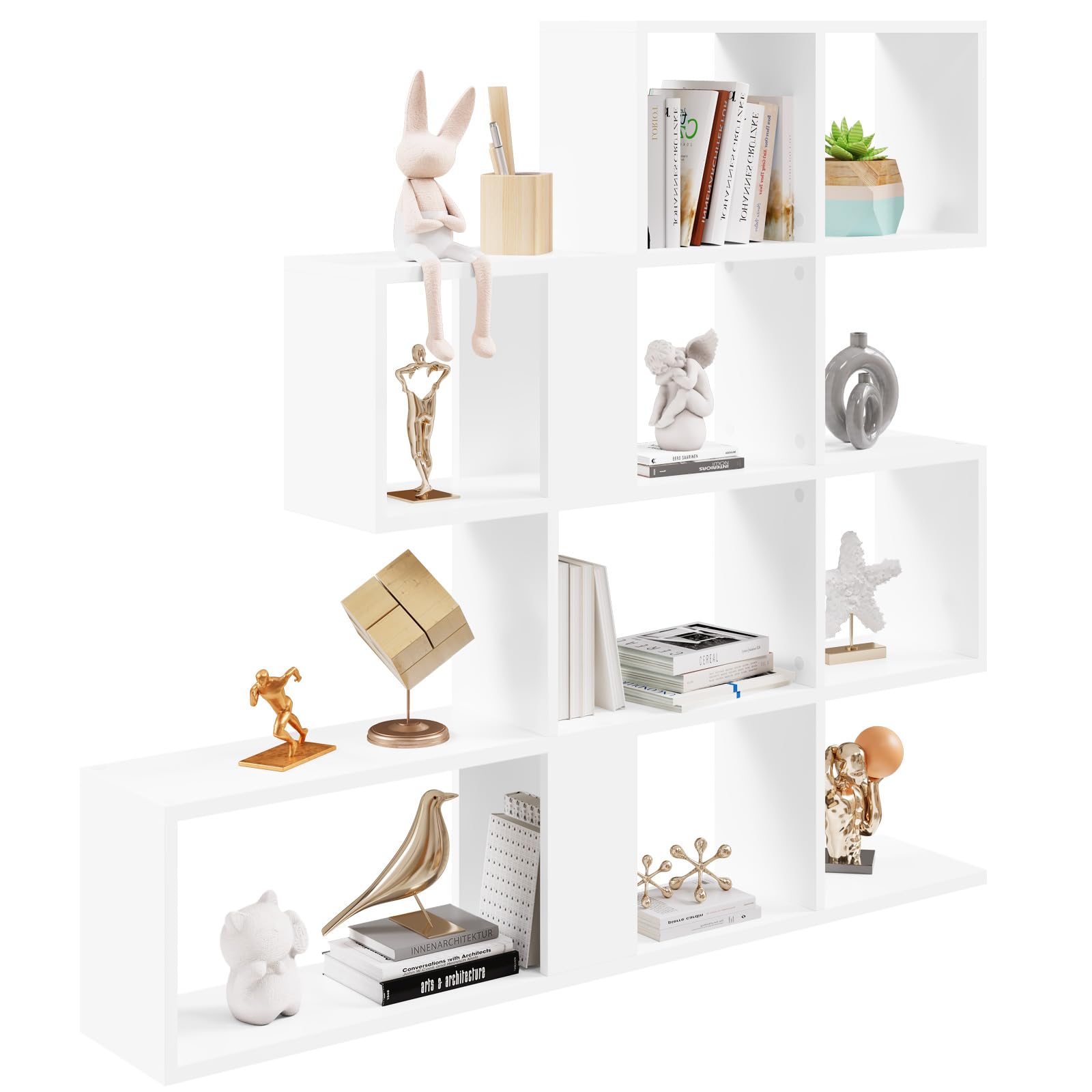 eSituro Bücherregal 4 Ebenen, Raumteiler Regal mit 11 offenen Fächern, freistehendes Treppenregal, Standregal, Stufenregal, für Wohnzimmer, Schlafzimmer, Büro, 115x109,5x19,5 cm, weiß