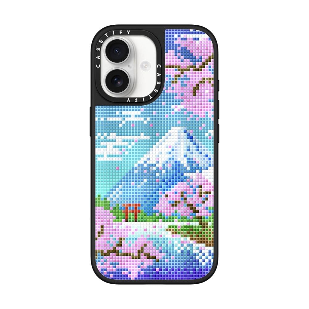 CASETiFY ミラー iPhone 17 ケース [鏡面(スマホカバー)/MagSafe対応/指紋防止] - Pixel Blossom Fuji - シルバー (ブラックバンパー)