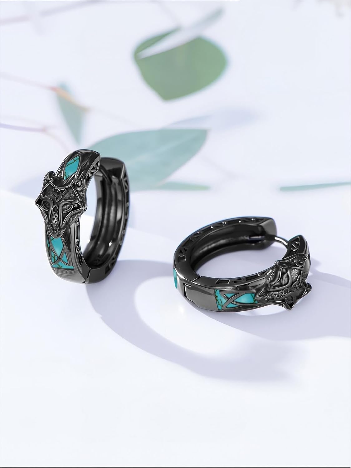 Viking Wolf Earrings 925 Sterling Silver Turquoise Celtic Knot Wolf Hoop Earrings Black Vintage Earrings for Men Women