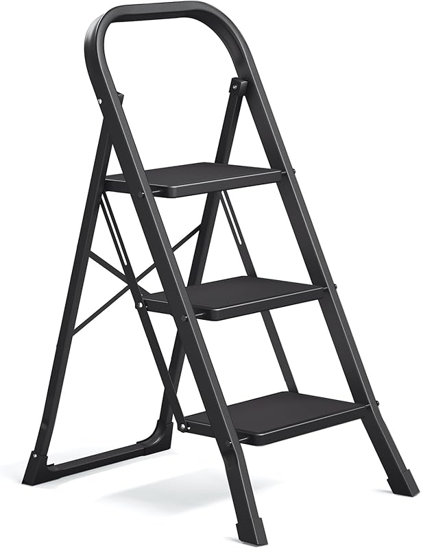 SONGMICS Marchepied 3 Marches Pliable, Escabeau, Verrou de Sécurité, Facile à Ranger, Charge 150 kg,