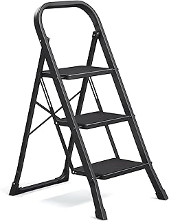 SONGMICS Marchepied 3 Marches Pliable, Escabeau, Verrou de Sécurité, Facile à Ranger, Charge 150 kg, Noir GSL003BZ01