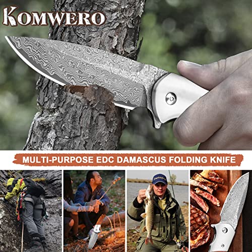 Komwero Damascus Pocket Knife With Clip For Men, Vg10 Damascus Steel Folding Knives, Edc Damascus Hunting Knife With Leather Sheath Wooden Handle For Camping Collection #TOP5