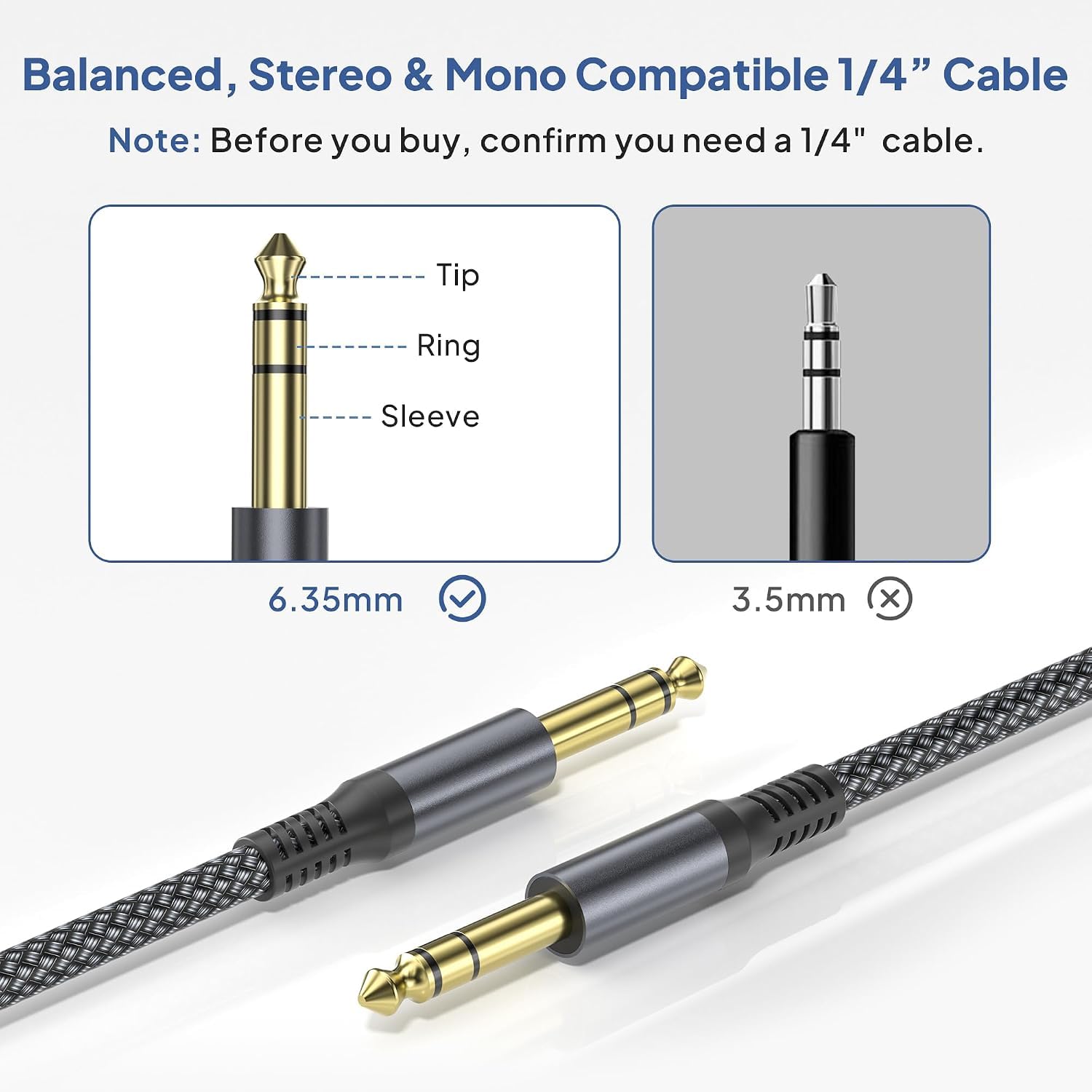 Elebase 1/4 Inch TRS Instrument Cable 10FT 2Pack,6.35mm Male Guitar Cord 3M — Amazon image 3