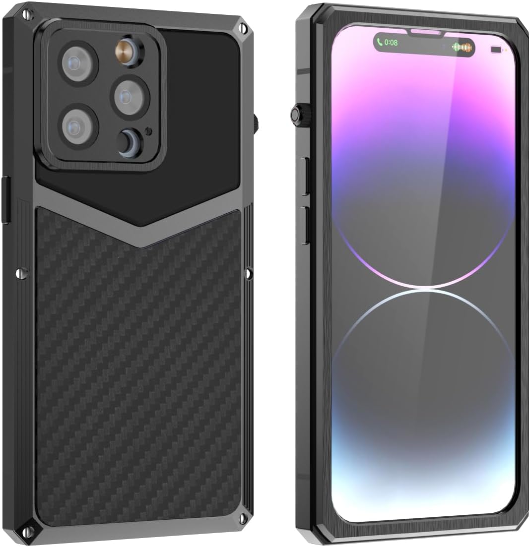 HUALIMEI Luxury Case for iPhone 15 Pro Max 6.7, Carbon Fiber Aluminum Military Protective Armor with Tempered Glass Screen Protector Full Body Heavy Duty Protection Promax Phone Cover for Men Silver