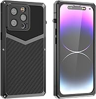 Vista 11 de HUALIMEI Funda de lujo para iPhone 13 Pro 6.1, funda de teléfono de fibra de carbono, armadura protectora militar con protector de pantalla