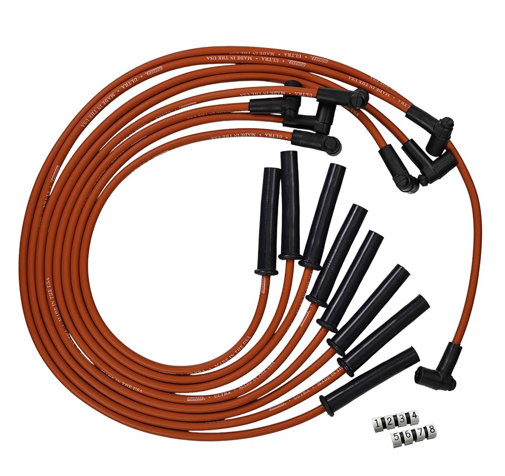 Moroso 52038 IGNITION SPARK PLUG WIRE SET, ULTRA 350, 8MM, MULTI ANGLE BOOT, RED, GM, CHEVY, BBC, 366-454, HEI STYLE WITH COIL IN CAP, OVER HEADER/VALVE COVER, Replaces 5567