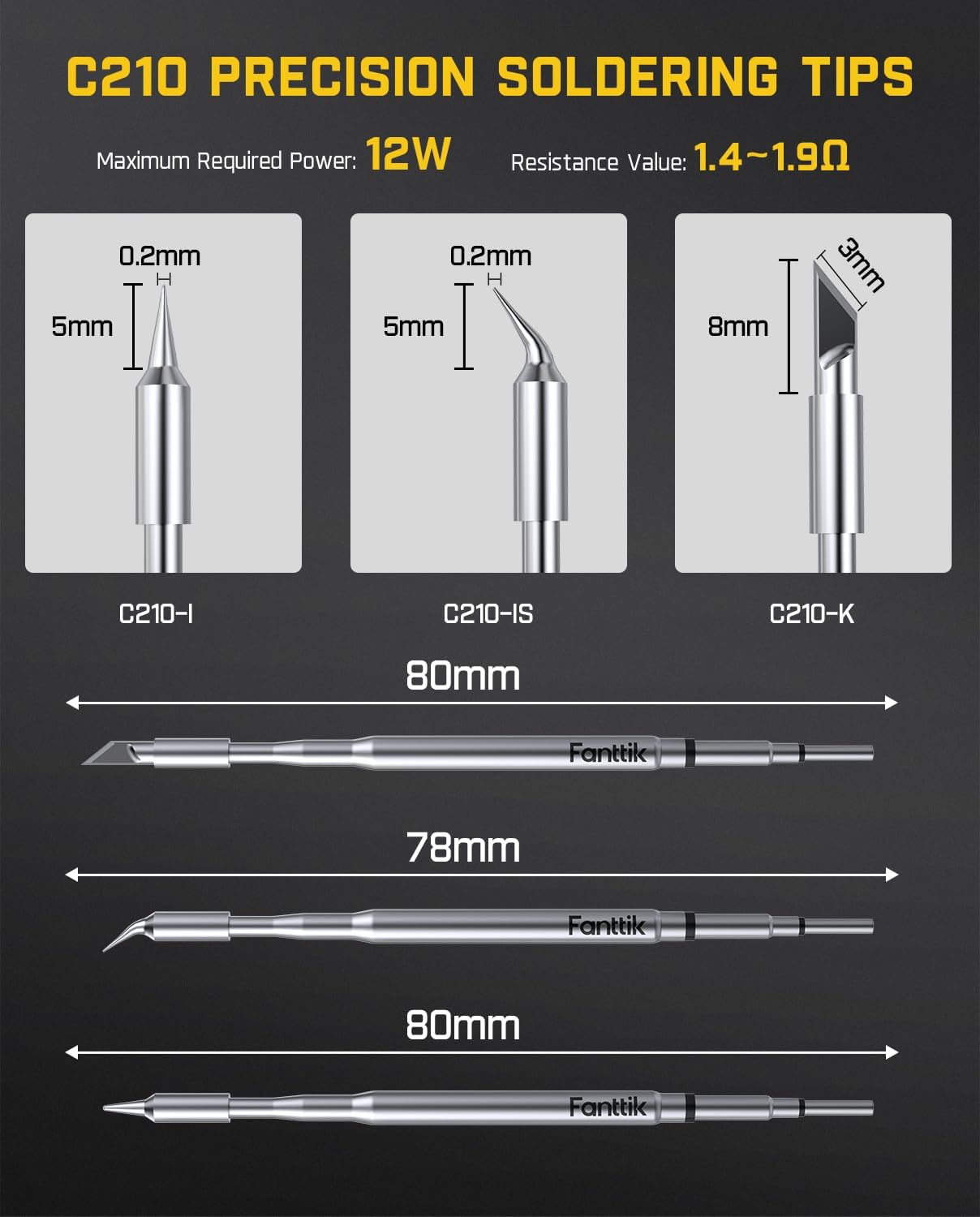 Fanttik C210 Soldering Iron Tips, Replacement Solder Tips for T1 Max, C210-K/I/IS, Rapid Heating, Minimum Required Power 12W, Solder Bits for Soldering Iron (6)