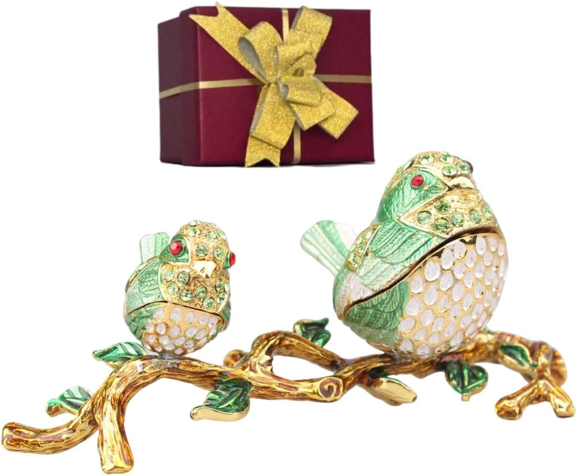 Lovebirds Trinket Boxes Hinged, Pretty Couple Birds Enameled Jewelry Boxes, Two Loving Cute Songbirds, 2 Pcs, A Pair Green Birds Figurine, Hand-Painted Gifts For Bird Lovers Girls Women Home Decor