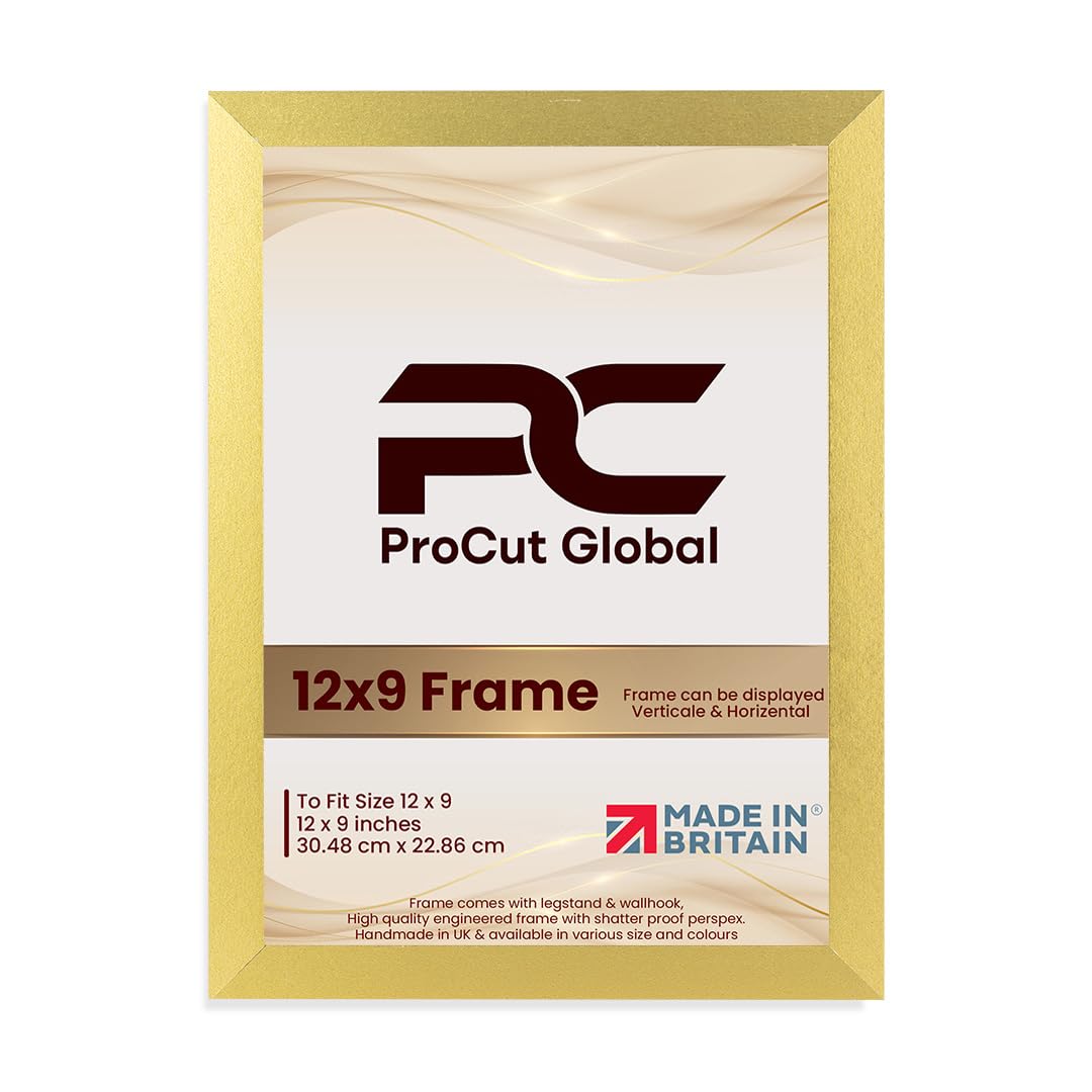 Procut Global 12X9 Gold Picture Frames – Sleek Wooden Photo Frame with Shatterproof Perspex for Wall or Tabletop – Perfect for Posters, Certificates, Prints–Multiple Sizes & Colors Available
