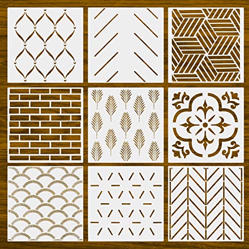 9 Pieces Wall Stencils for Painting,12 x 12 Inch Geometric Herringbone Wall Stencils Tile Stencils Floor Stencils Reusable Film Stencils for Painting Walls,Floors Drawing Pattern Templates Kit