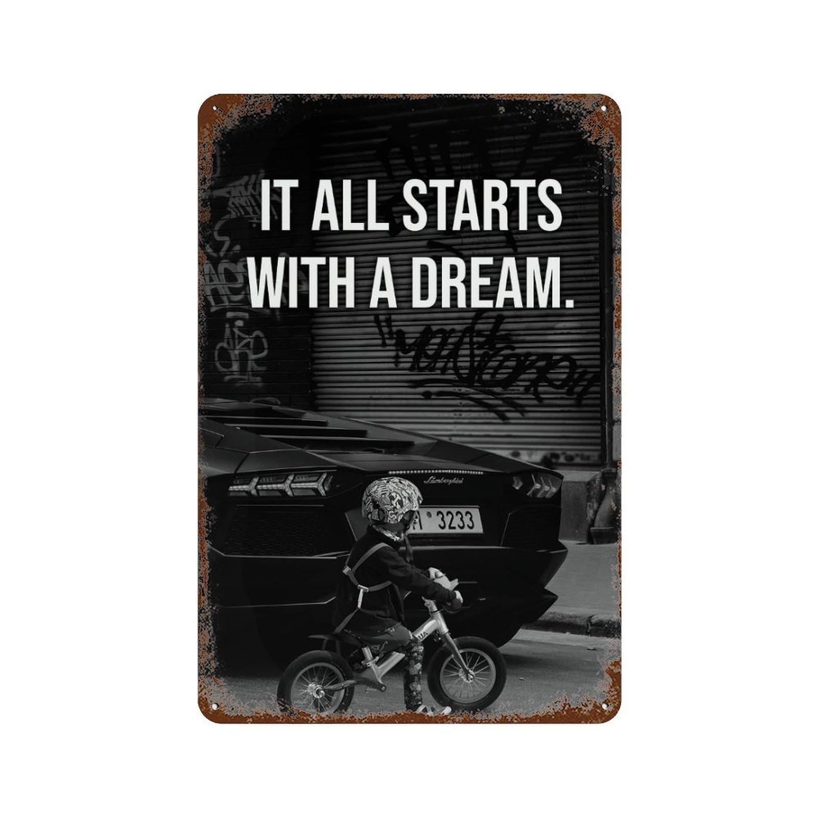 Garage Style It All Starts With A Dream Distressed Metal Wall Sign 11.8"x7.9", Rustic Home Decor for Bar And Workshop