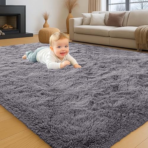 INSPIRE HOMEWARE Grey Rug Bedroom 120 x 170 cm, Soft Fluffy Rugs for Living Room - Non Shedding Modern High Pile Carpet for Dining Room, Nursery Rug for Kids Room