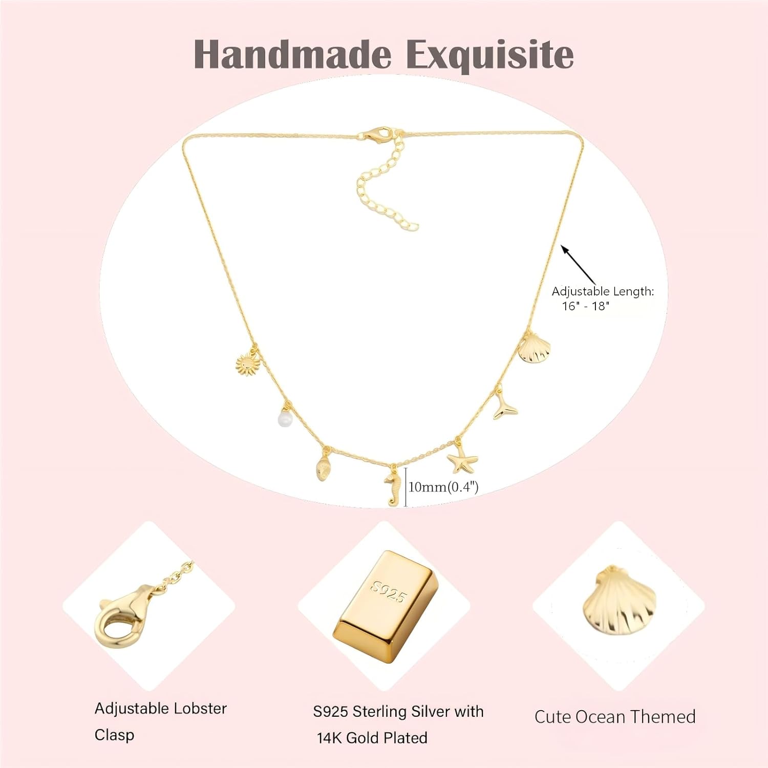 Valentines Day Gifts, 7 Charm Ocean Necklace for Women, Nautical Theme with Shell Starfish Seahorse Whale Tail Pearl, 14K Gold Plated S925 Sterling Silver Delicate Beach Jewelry Gift - Image 4