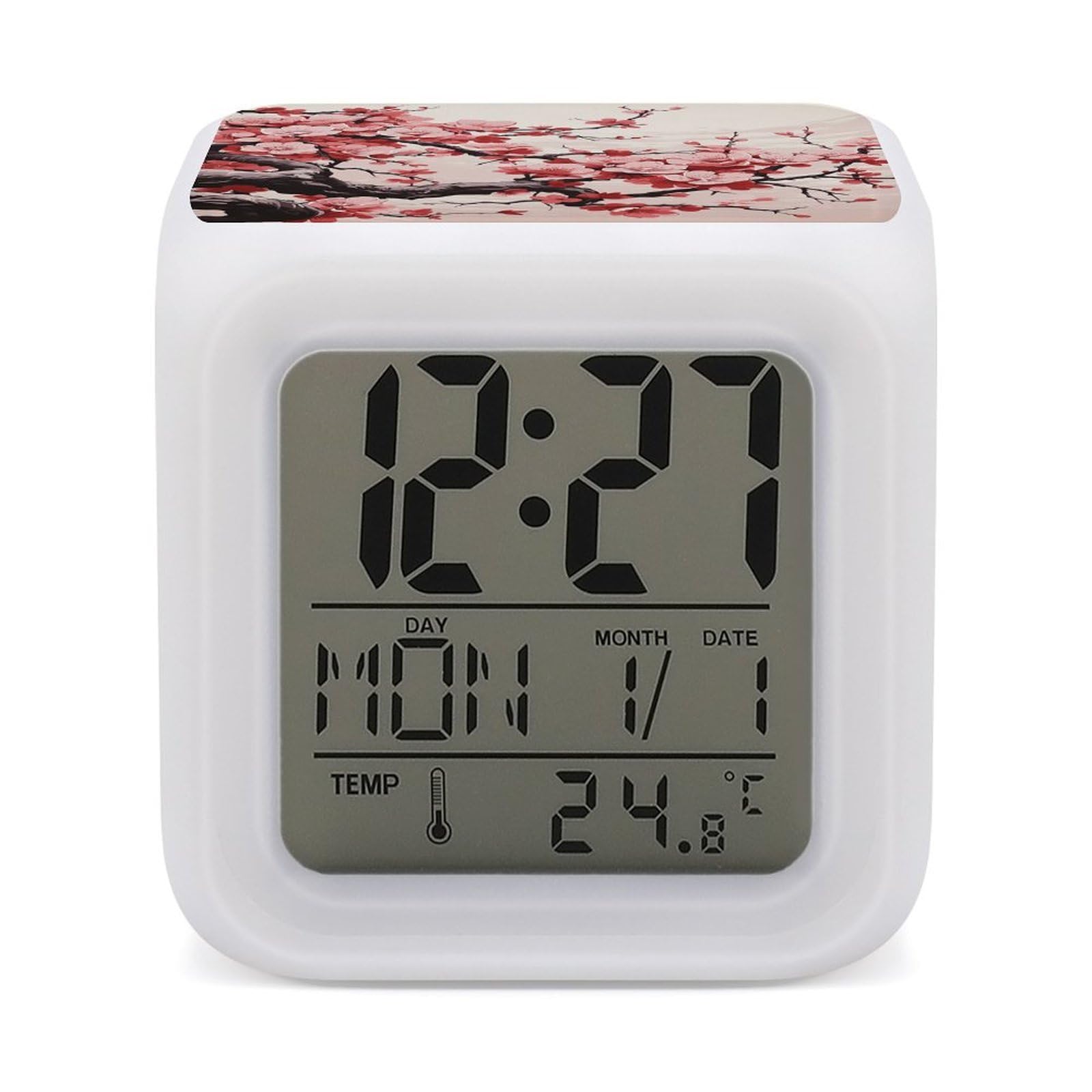 VstaDank Japanese Floral Cherry Blossom Alarm Clock 7 Color Changing LED Wake-Up Clocks Printed Home Decoration Multi-Color Night Light Digital Alarm Clock with Temperature Display for Home Office