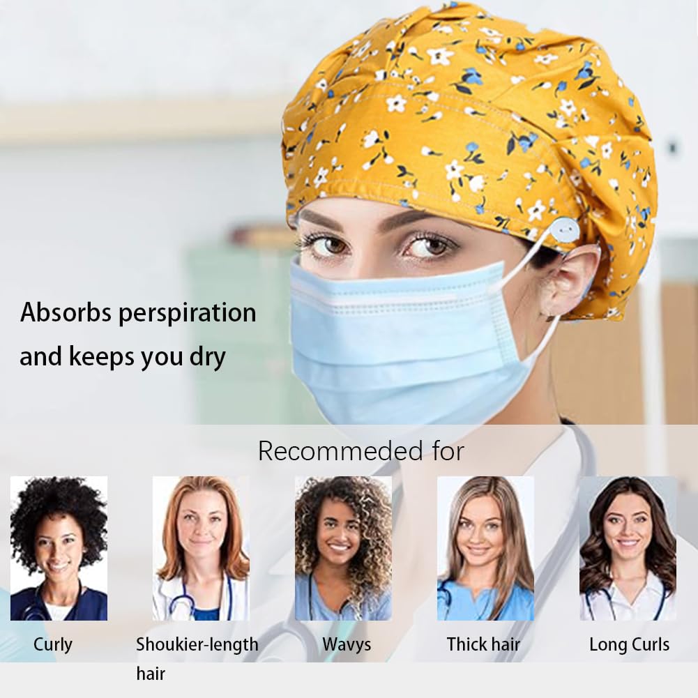 6PCS Verstellbar Op Hauben Damen, Op Haube Stoff mit Satinfutter, Satin Haarhaube mit Knopf, Arbeitskappe Mit Schweißbandkapuzen, Staubhauben Kappe, Kochmütze, Unisex Baumwolldruck Chirurgische