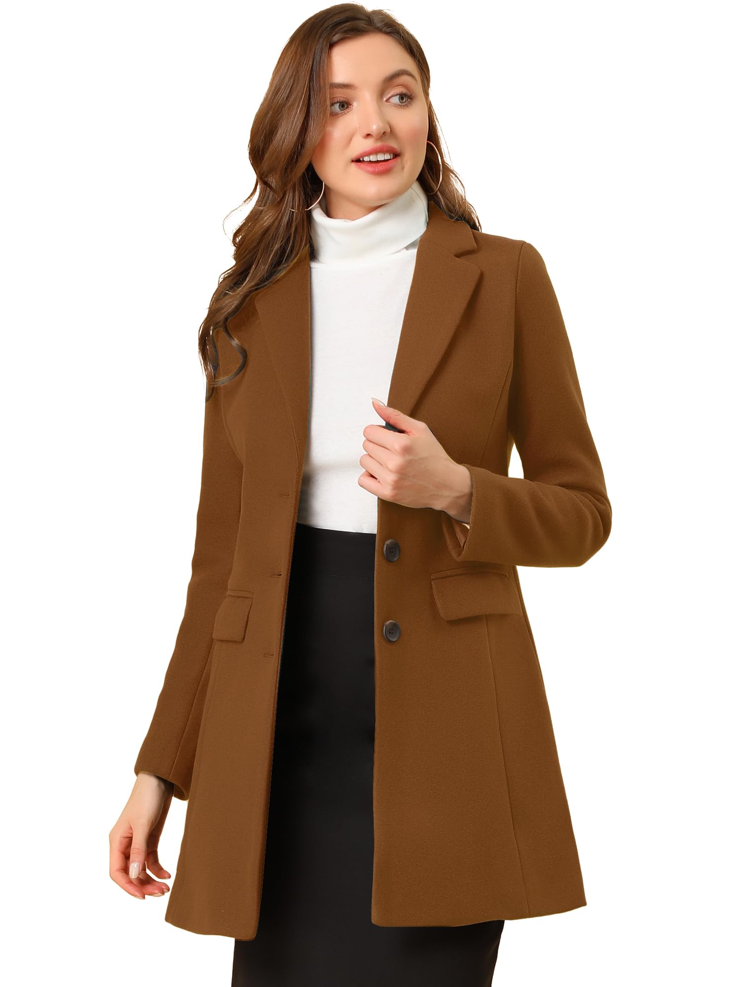 Allegra K Wintermantel für Damen mit gekerbtem Revers, einreihig geknöpft, Dunkelbraun, L