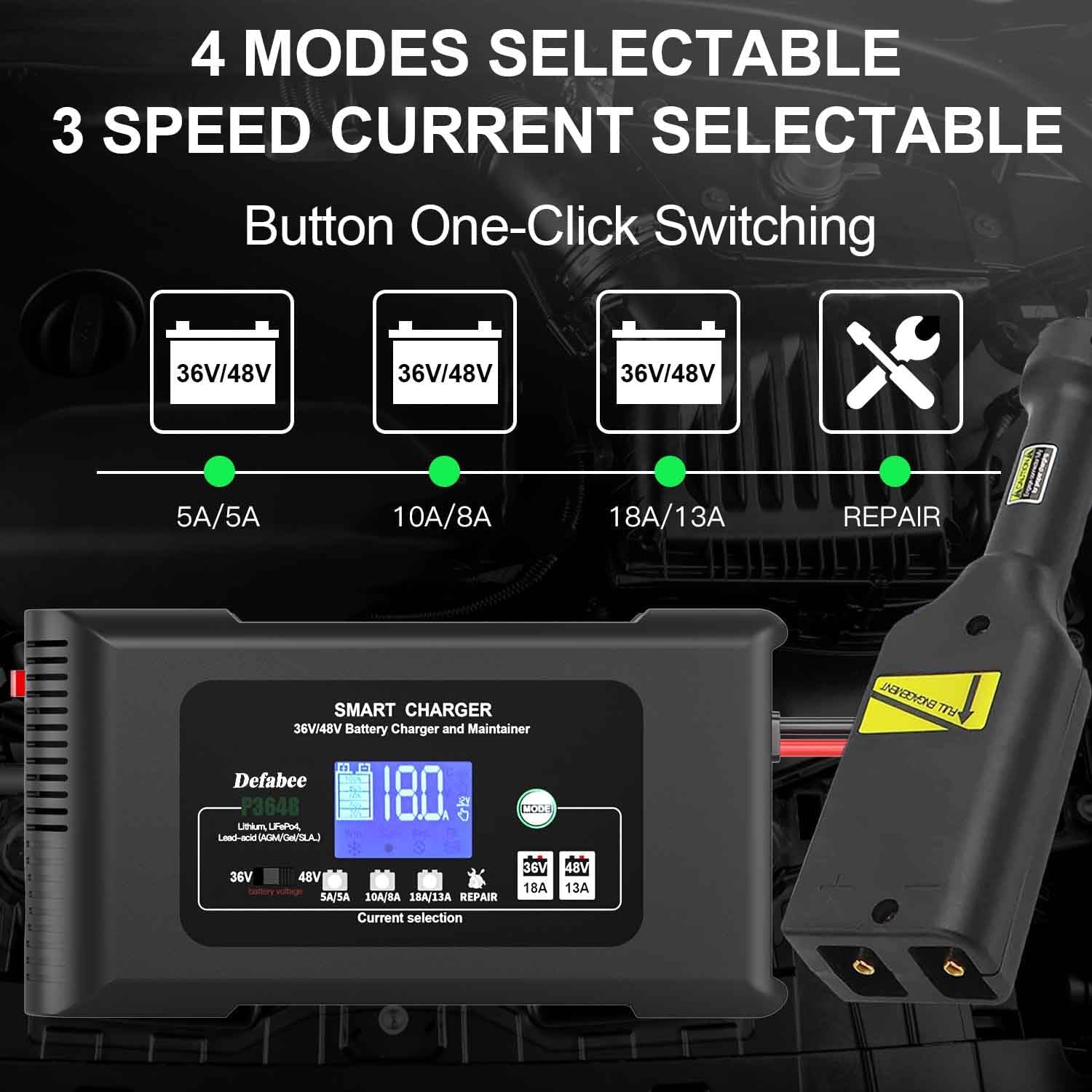 36 Volt Golf Cart Battery Charger, 36V18A and 48V13A Car Trickle Battery Charger, 18-Amp Smart Charger, Lithium LiFePO4, Lead-Acid AGM/Gel/SLA, EZGO, TXT, Car, Boat - Image 2