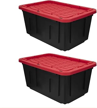27 Gal Industrial Tote,2 Pack Large Storage Bin,Black with Red Lid Plastic Storage Container Stackable & Nestable Heavy Duty Storage Totes, Suitable for Garages, Basements or Outdoors 2 Pack