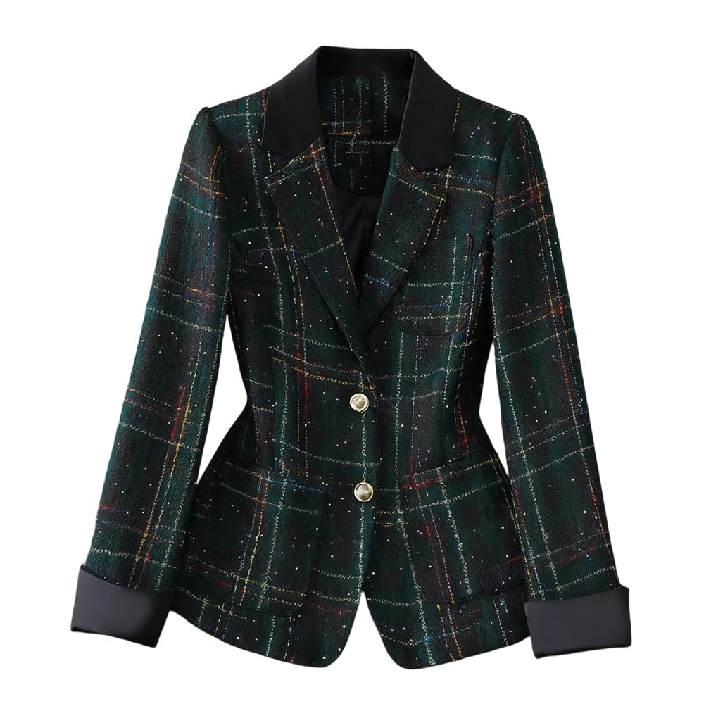 Women Casual Blazer Long Sleeve Plaid Tweed Short Suit Female Jacket Coat