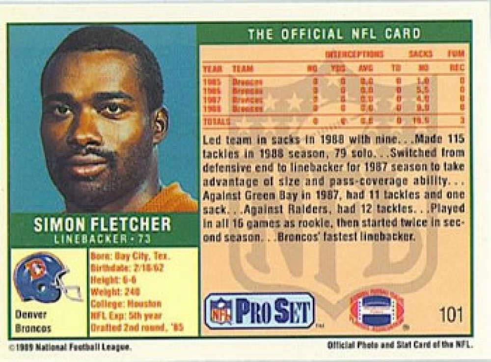 1989 Pro Set Football #101 Simon Fletcher RC Rookie Card Denver Broncos The Official Card of the NFL