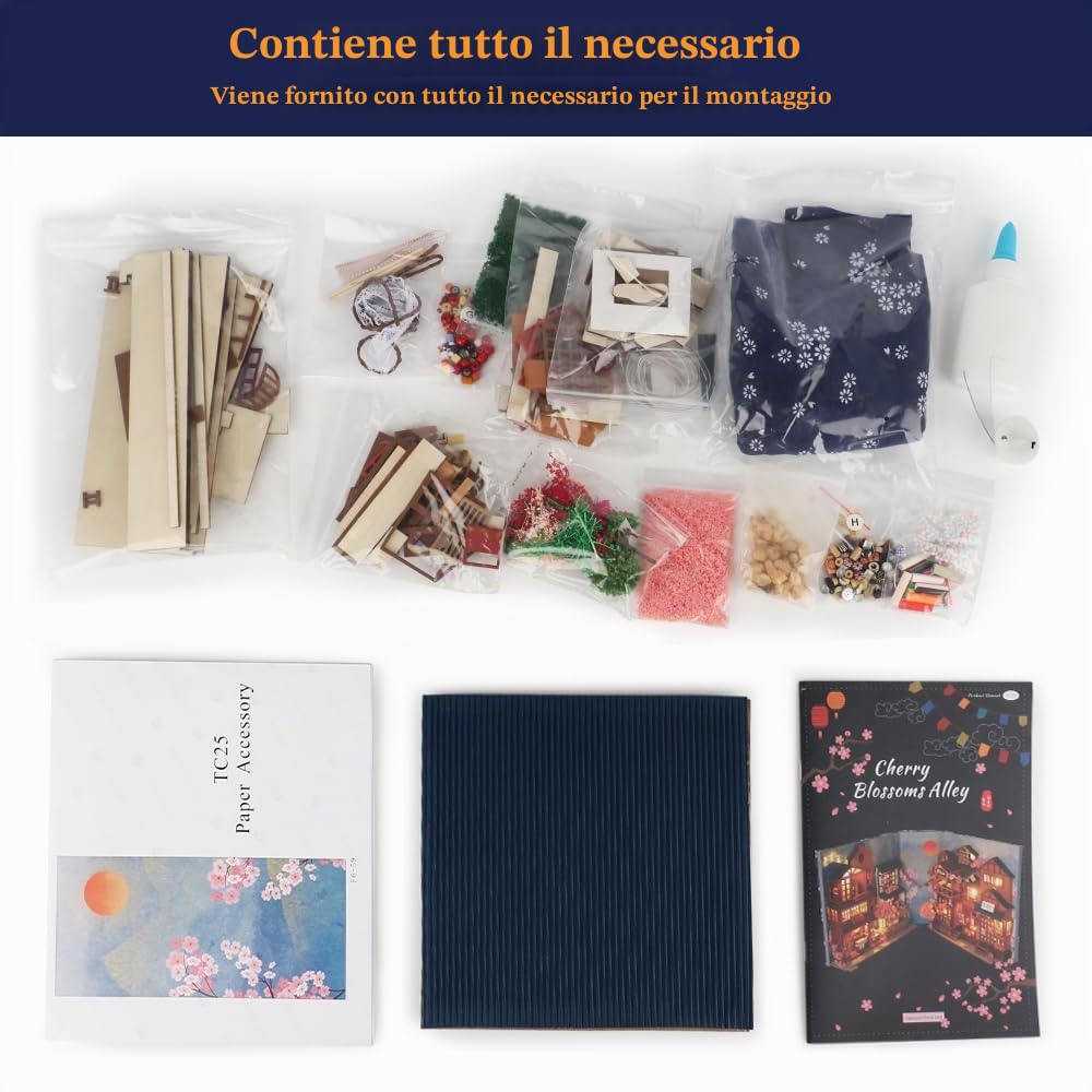 Kit per libri fai da te, puzzle 3D in legno, casa con luci a LED e mobili, casa delle bambole in miniatura, kit per modellini da costruire (vicolo di ciliegio)