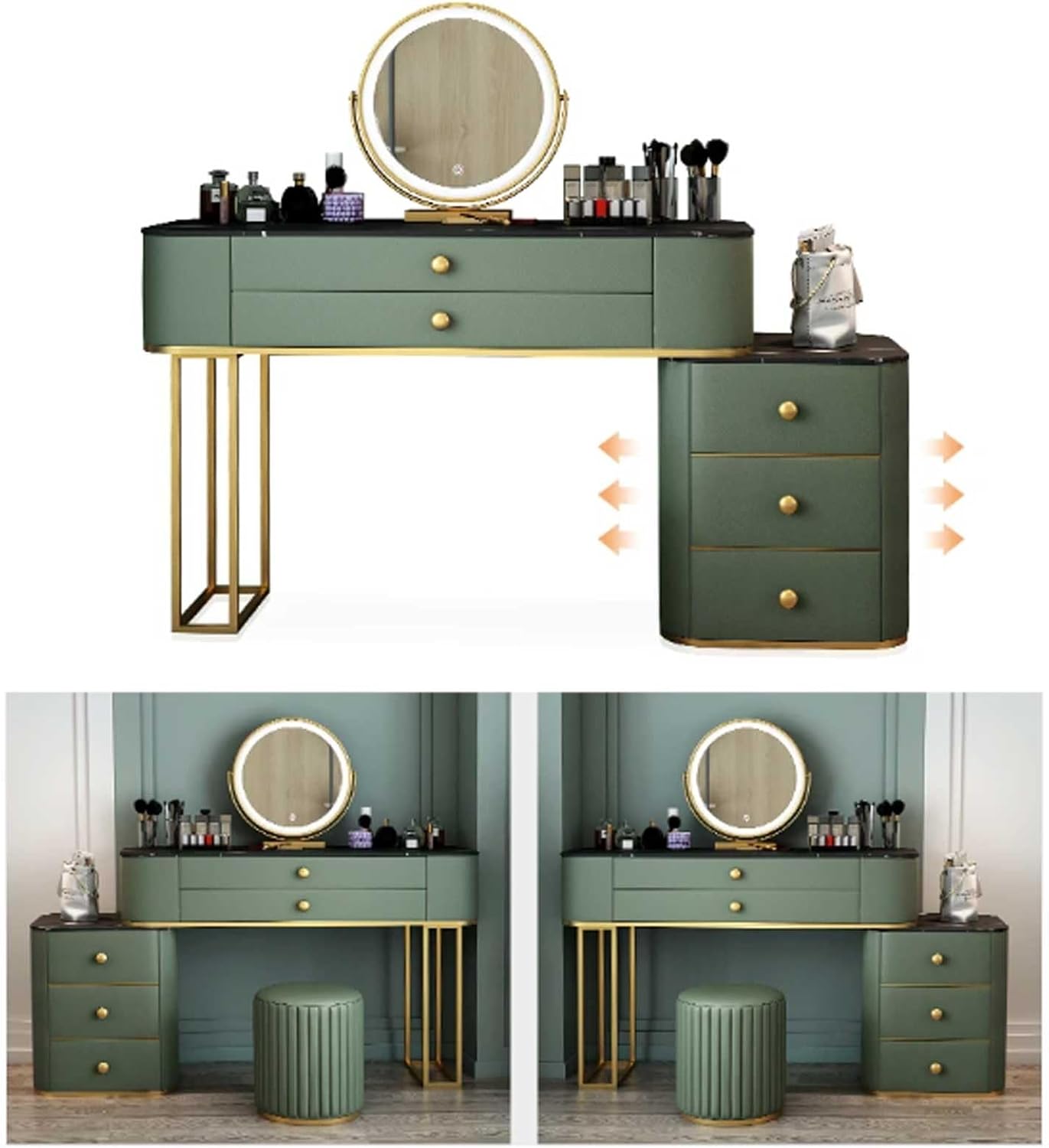 Vanity Desk, Makeup Vanity Set Dark Green Large Makeup Vanity with Mirror and Stool Vanity Desk Makeup Table with Drawers Nightstand Bedroom Furniture Makeup Dressing Table Set ( Color : Green , Size L120cm Green