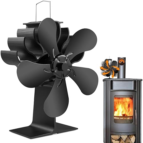 PYBBO 5-Blade Heat Powered Wood Stove Fan, Silent Fireplace Fan for Log Burner with Magnetic Thermometer