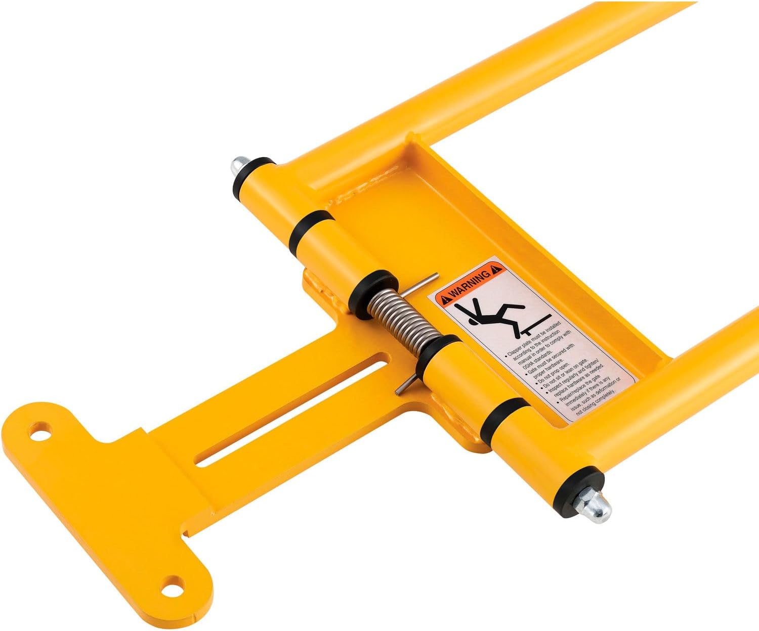 Close-up of a warning label on the safety gate, detailing safety precautions.