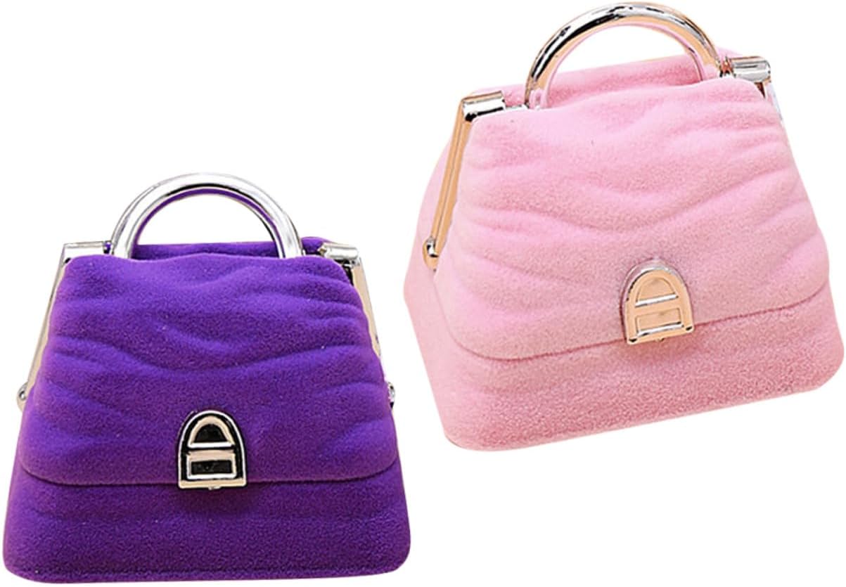 2pcs Jewelry Organizer and Storage Case Handbag Shape Velvet Jewelry Box for Women Pink and Purple Compact Display Holder