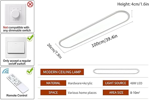 Miniatura 4 de Ganeed Lámpara de techo LED regulable de 39.4 pulgadas, lámparas de techo largas de alto brillo, 3000-6000 K seleccionables, moderna, ultrafina, de