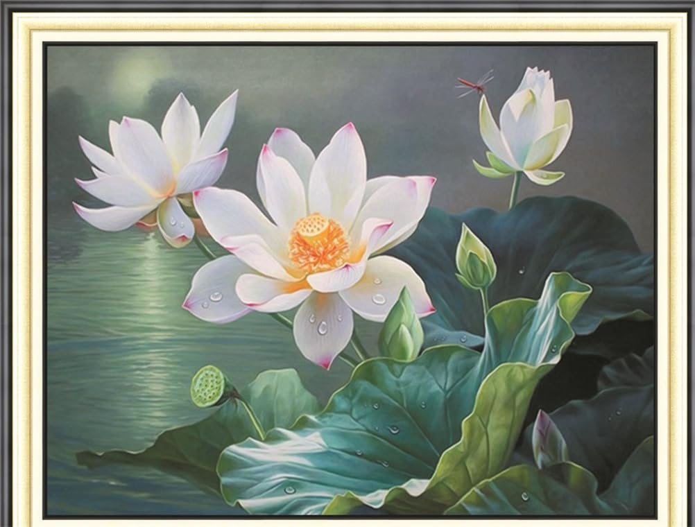 Meecaa Cross Stitch Kits 11 Count Stamped, Lotus Flower Lake Embroidery Kit with Accessories Pre Printed (40CMx50CM) (Lotus)