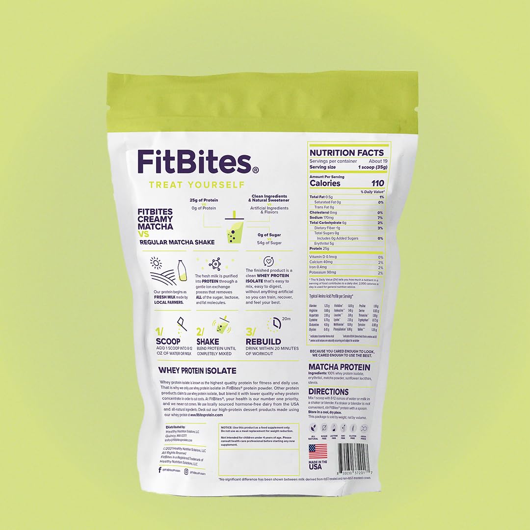 FitBites 100% Whey Isolate Protein Powder (Matcha Latte), 5.9g BCAAs, Gluten Free, Zero Sugar, Fast Absorbing, Easy Digesting