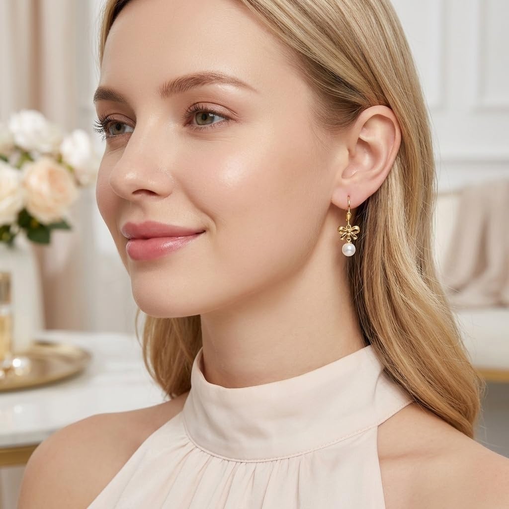 925 Sterling Silver Bow Pearl Drop Earrings for Women, Hypoallergenic Leverback Dangle Earrings, Elegant Lightweight Jewelry for Wedding Bridal Birthday Gift