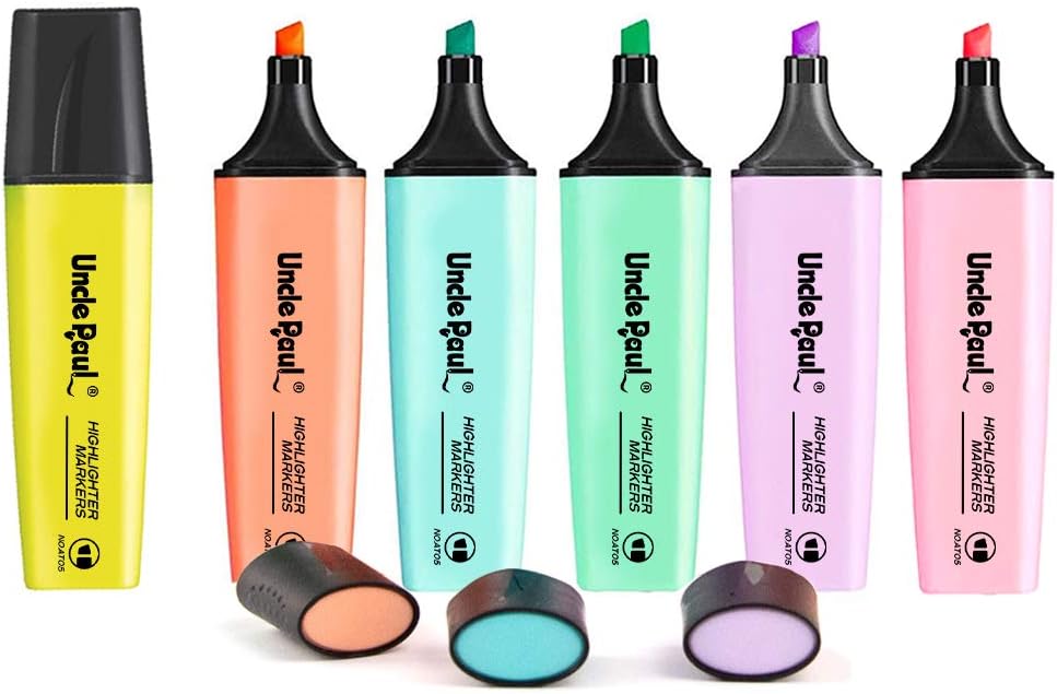 Uncle Paul Highlighters/Marker Pens/Fluorescent Pens Chisel Tip Soft Color for Adult Kids Underlines School Office Supplies 6PCS AT05
