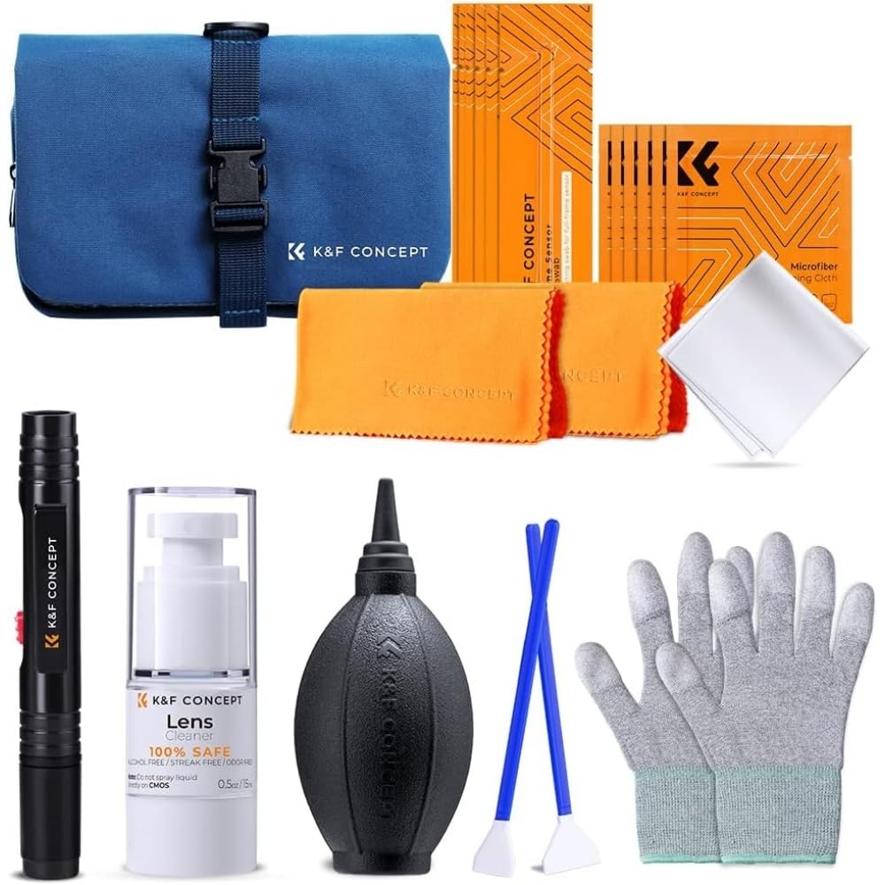 K&F Concept 23-in-1 Professional Camera Sensor Lens Cleaning Set | Solution, Pen, Air Blower, Gloves, Full Frame Swabs, Vacuum Cloth, APSC Swabs, Carry Bag