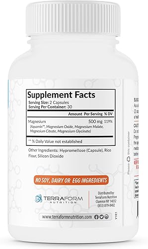 Miniatura 7 de Terraform Nutrition Complejo completo de magnesio - 4 formas de magnesio (glicinato, malato, óxido y citrato) más aquamina para apoyar los músculos,