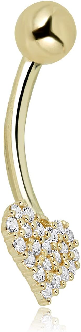 AVORA 10K Gold Simulated Diamond CZ Pave Heart Belly Button Ring Body Jewelry (14 Gauge)
