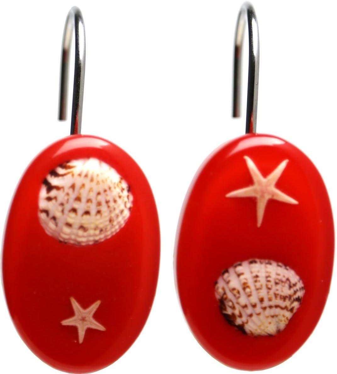 ChabaLine 12 Piece Burgundy Fashion Decorative Shower Curtain Hook Ring for Bathroom Shower Rod - Beach Seashells Starfish Shells