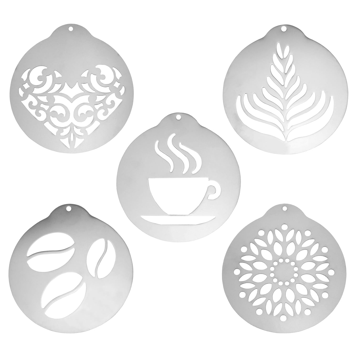5 x Edelstahl-Schablonen für Kaffee, tragbar, Milchschaum-Spray, Stanzform, Cappuccino, Schokolade, Schablone zum Streuen von Kakao, Schokolade, Zimt, Latte Art