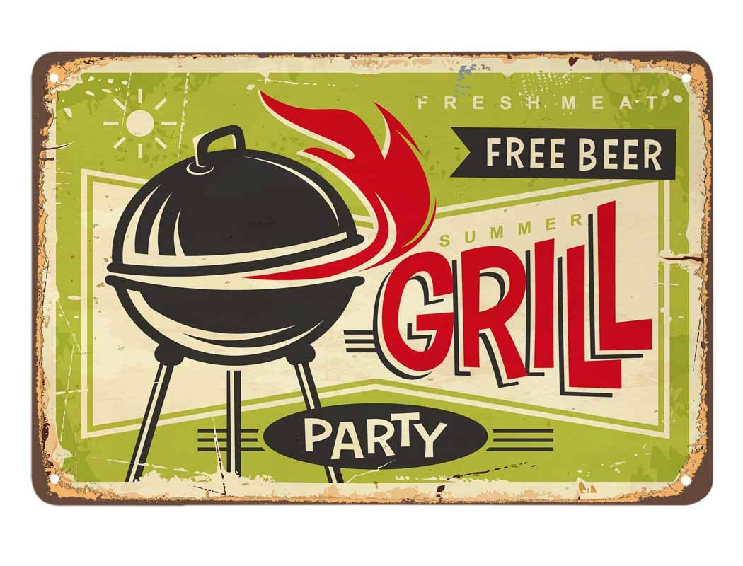 SMAZDFXX Summer Grill Tin Sign,Party Fresh Meat Bear Vintage Metal Tin Signs for Cafes Bars Pubs Shop Wall Decorative Funny Retro Signs for Men Women 8"x12"