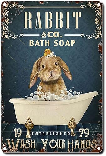 Letrero de hojalata de conejo, divertido conejo, decoración de baño, decoración de conejo, decoración de guardería, regalo vertical de metal,