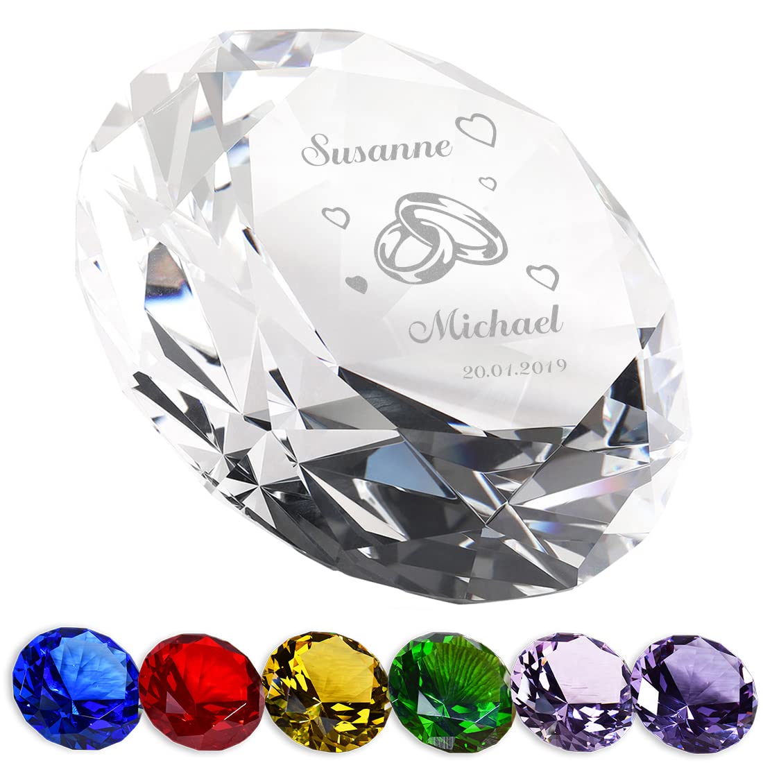 polar-effekt Deko-Stein Glas Diamant mit personalisierter Gravur - Hochzeitsgeschenk für Ehepaare - der perfekte Briefbeschwerer - passend zum Jahrestag und Hochzeit - Motiv Trauringe